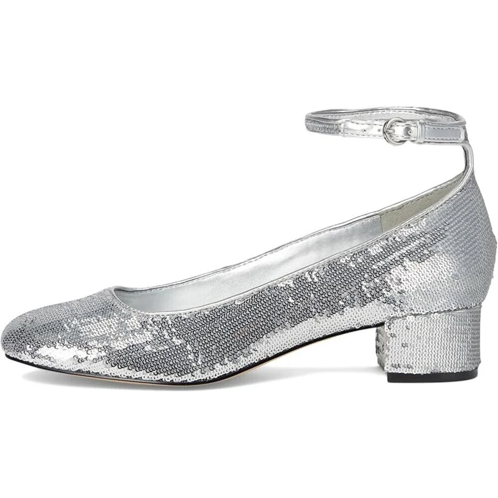 Nine West Amaize Dress Pump Women 12 Silver Sequin Block Heel Ankle Strap VER279